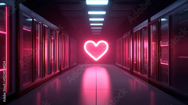 Obraz Futuristic data center corridor illuminated by pink neon lights with glowing heart symbol end, creating romantic and high tech atmosphere, evoking feelings of love and connection digital