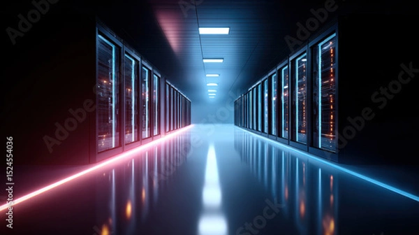 Obraz Futuristic data center corridor illuminated with vibrant blue and pink neon lights, reflecting sleek floor, creating high tech and modern atmosphere. scene evokes sense of innovation and security