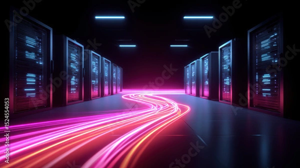 Fototapeta Futuristic data center with glowing server racks illuminated by blue and pink neon lights, featuring bright, winding light trail that suggests data flow or digital movement high tech environment