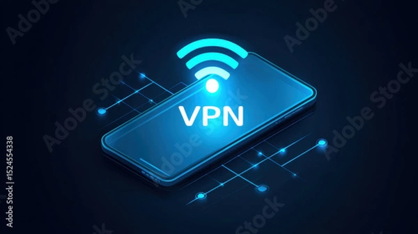 Fototapeta Image shows digital illustration of smartphone with Wi Fi signal icon above it and text VPN on screen, representing secure internet connection and privacy protection