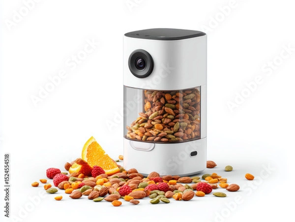 Fototapeta This is smart pet camera with treat dispenser, featuring camera lens on front, transparent container filled with mixed nuts or treats, and scattered snacks and fruit slices around it