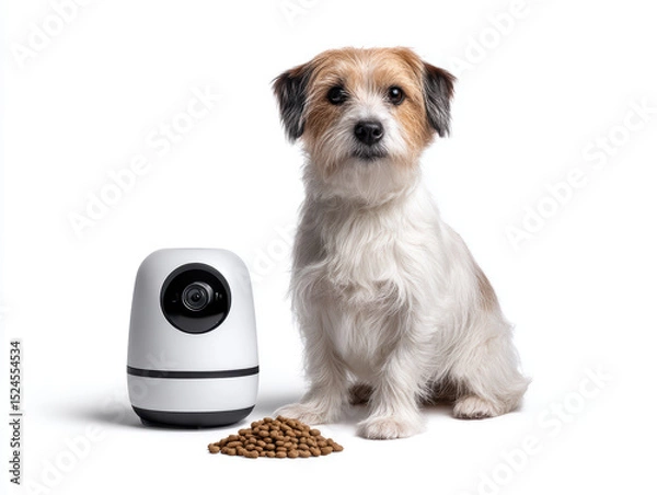 Obraz Small dog sitting next to pet camera and pile of dry pet food white background. dog looks alert and curious, with friendly expression. pet camera is modern and compact, designed for home