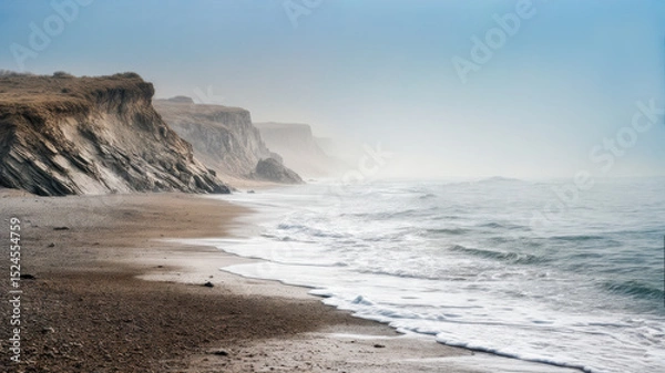 Obraz A landscape featuring cliffs and strong waves hitting the shore line.  A misty beach on a gloomy, mist filled day. A rough surf.