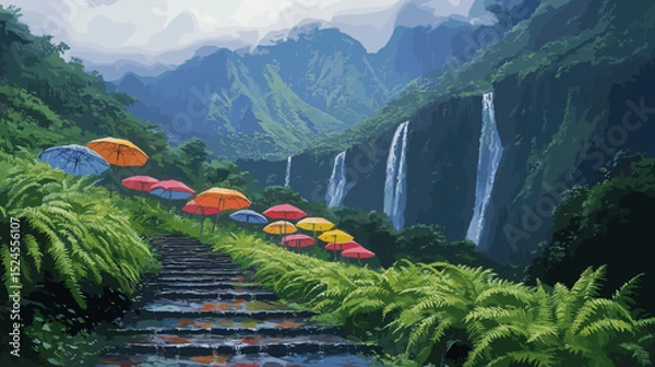 Fototapeta Retro tourism artwork of a lush mountain valley in monsoon, waterfalls cascading beside a misty pathway lined with bright umbrellas and dripping ferns
