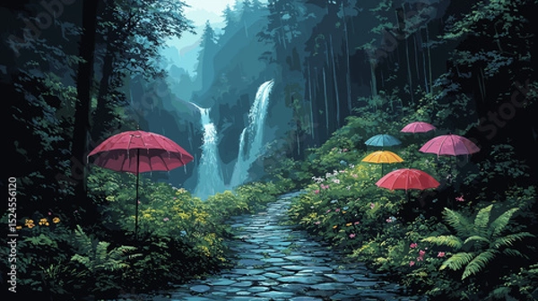 Fototapeta Retro tourism artwork of a lush mountain valley in monsoon, waterfalls cascading beside a misty pathway lined with bright umbrellas and dripping ferns

