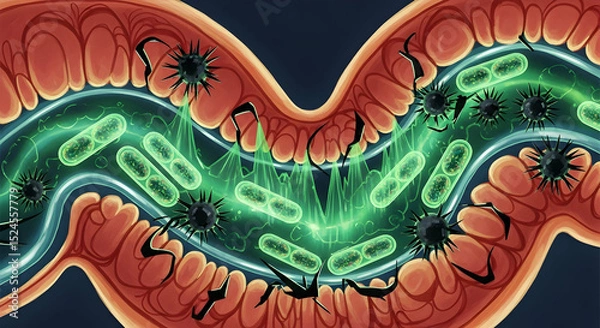 Obraz Intestinal Flora: Illustration of Bacteria, Viruses, and Gut Lining