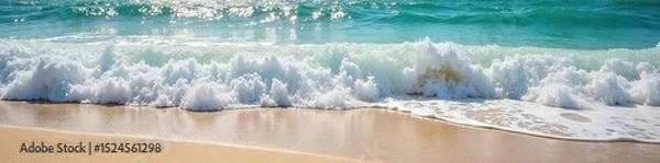 Fototapeta Ocean waves crashing on a sandy beach, creating white foam and sea spray Sunlight glints off the wet sand and the churning water A tranquil yet powerful scene of nature's energy , green, seascape
