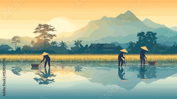 Fototapeta Classic poster-art of rural farmers planting rice seedlings in flooded fields under steady rain, traditional conical hats and water reflections in bold flat colors