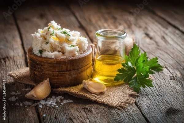 Obraz Salted cod brandade on wood backdrop