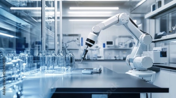 Fototapeta Industrial robotics lab with mechanical arms and automated conveyors awaiting operation