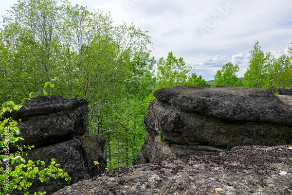 Fototapeta Huge rocks structures geological site in the place of ancient prehistoric ocean trench, nestled within a green forested environment. Rim rocks formation, Western Canada Sedimentary Basin, Alberta