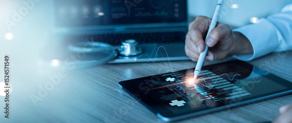 Obraz Healthcare business concept, Investment, Doctor analyzing of business Medical examination and graph data growth of health  business on tablet on global network.