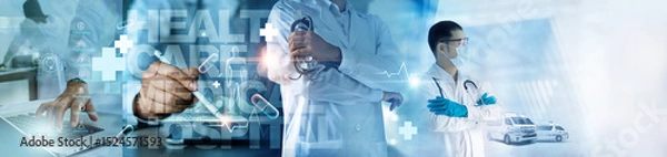 Obraz Healthcare and medical doctor working with professional team in physician, nursing assistant, laboratory research and development. Ai technology, Medical technology service to solve people health