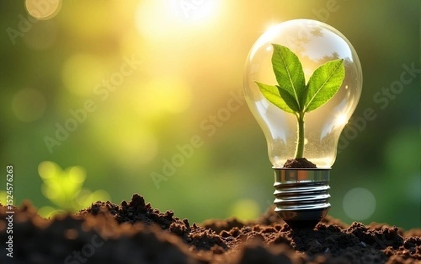 Fototapeta tree growing on light bulb with sunshine in nature. saving energy and eco concept. High quality