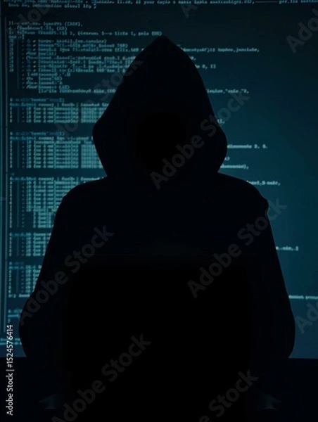 Obraz A hooded criminal silhouetted while hacking on binary code background cybercrime concept