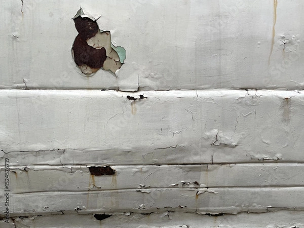 Fototapeta Sheet metal corrosion on an old white car. Corroded surface with a transverse stripe pattern. Damaged and pitted texture. Rusty background. Hole car body detail sheet. Holes in the car body.