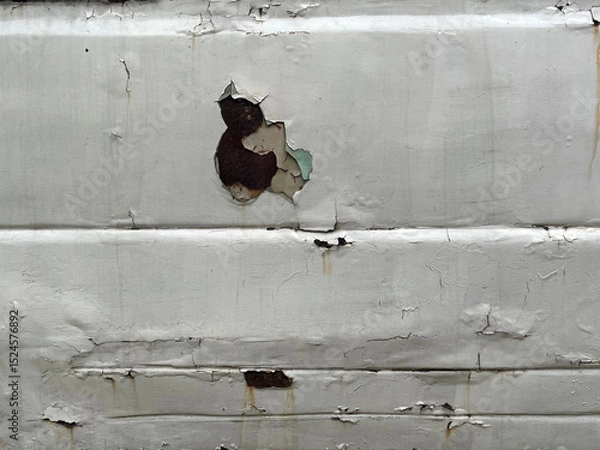 Fototapeta Sheet metal corrosion on an old white car. Corroded surface with a transverse stripe pattern. Damaged and pitted texture. Rusty background. Hole car body detail sheet. Holes in the car body.