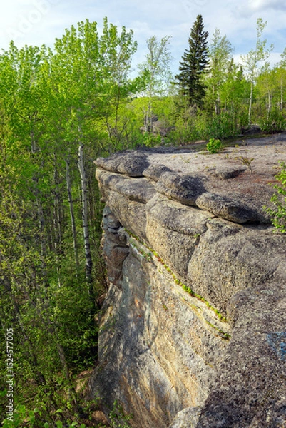 Fototapeta Huge rocks structures geological site in the place of ancient prehistoric ocean trench, nestled within a green forested environment. Rim rocks formation, Western Canada Sedimentary Basin, Alberta