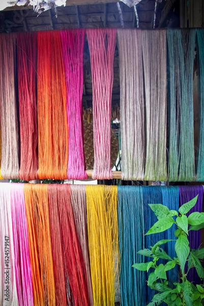 Fototapeta Multicolored cotton thread texture hanging abstract colorful background