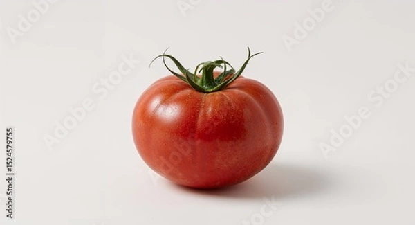 Fototapeta A single ripe tomato with green stem on a plain white background in a studio setting with soft lighting