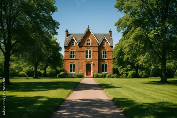 Fototapeta Elegant Victorian Brick Home Nestled Between Green Lawns And Tree Canopy On A Sunny Day