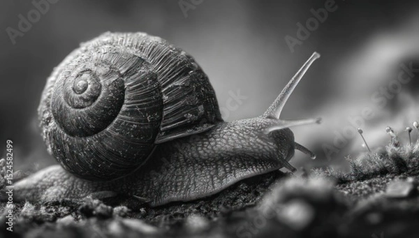 Fototapeta Monochrome marvel of a garden snail traversing its miniature terrain