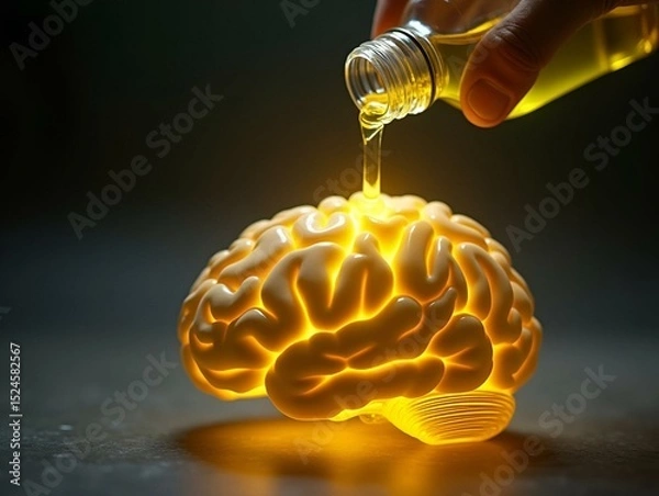 Obraz Olive oil nourishes the brain concept. A bottle of olive oil pouring into a glowing brain model, symbolizing cognitive benefits