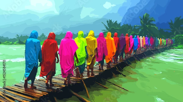 Fototapeta A bright minimal graphic of a village path turned into a shallow stream by monsoon showers, villagers in colorful raincoats crossing a wooden plank bridge