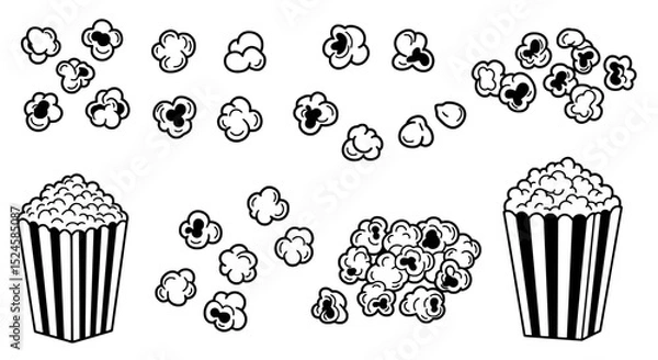 Fototapeta Popcorn Collection: A delightful collection of hand-drawn popcorn illustrations, showcasing various sizes and arrangements of popcorn kernels in and out of striped containers.