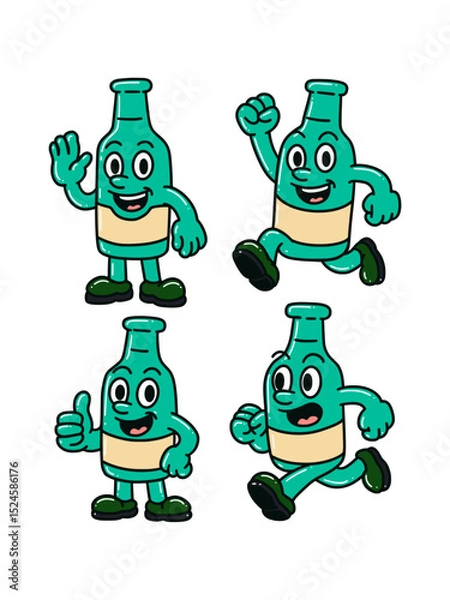 Fototapeta Happy Cartoon Bottle Character Set with Energetic Poses