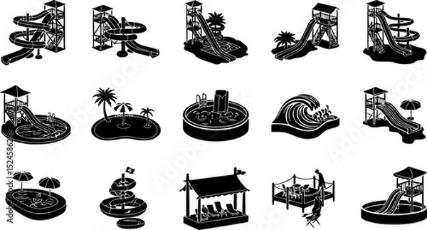 Obraz Summer water park, icon set, vector, silhouette,