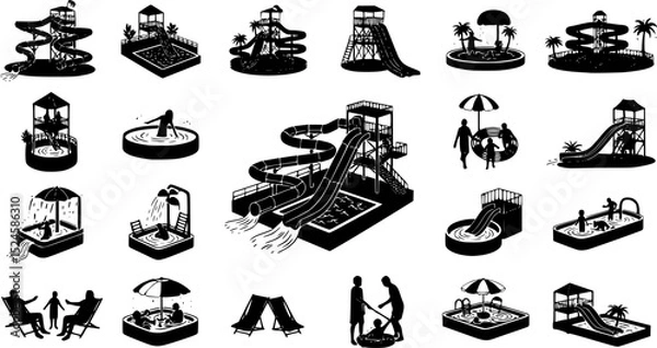 Obraz Summer water park, icon set, vector, silhouette,