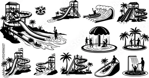 Obraz Summer water park, icon set, vector, silhouette,