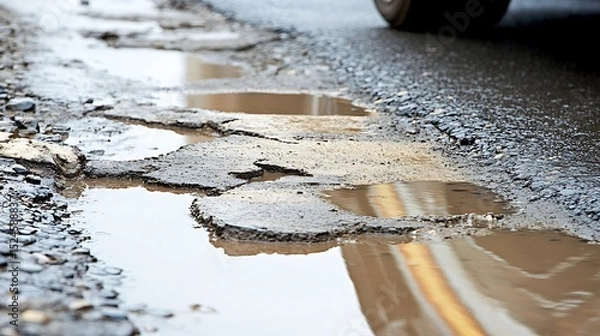 Fototapeta Damaged road with potholes filled with water presenting a hazardous surface