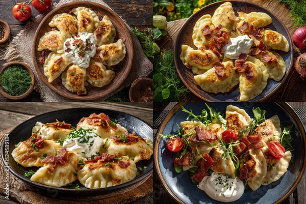 Obraz Fried dumplings with bacon and sour cream