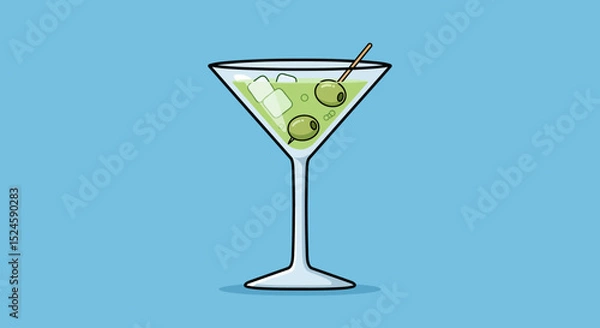 Fototapeta Vector illustration of a classic martini cocktail glass with green olives, presented in a clean flat design style on a blue background. Perfect for bar menus,