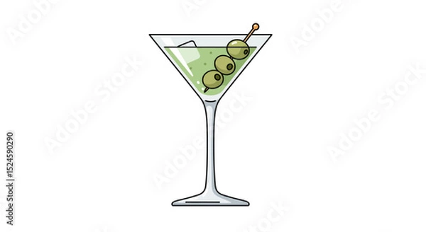 Fototapeta Vector illustration of a classic martini cocktail glass with green olives, presented in a clean flat design style on a white background. Perfect for bar menus,