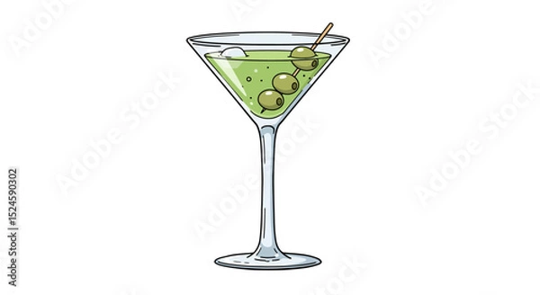 Fototapeta Vector illustration of a classic martini cocktail glass with green olives, presented in a clean flat design style on a white background. Perfect for bar menus,