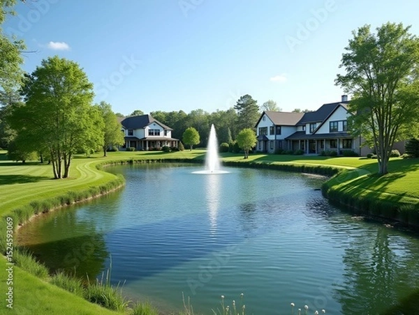 Obraz Summer homes next to curving pond with two water fountains neighborhood