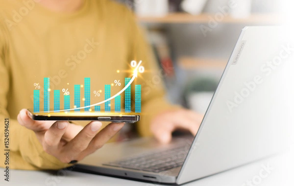 Fototapeta Interest rate, Dividend yield concept, businessperson calculating profits and costs Investment strategies long-term growth, Retirement planning, compensation fund, Saving targets, Stock market returns