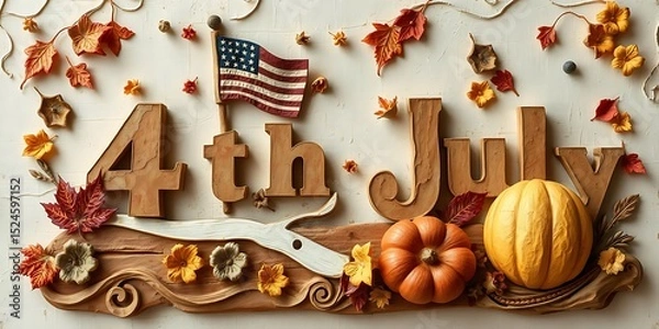 Obraz An artful display features "4th JULY" in wooden block letters, adorned with autumn leaves, pumpkins, and a small American flag, blending patriotic and autumnal themes.