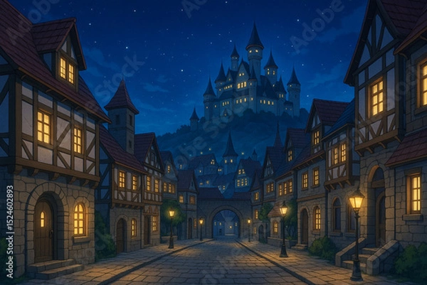 Fototapeta 中世ヨーロッパ風の夜の町