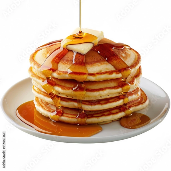 Fototapeta Delicious stack of fluffy pancakes topped with butter and syrup, perfect for breakfast or brunch.