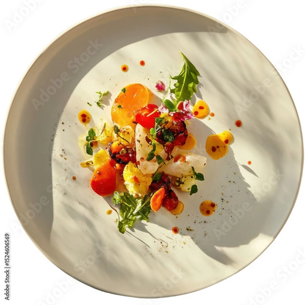 Obraz Grilled vegetable salad with carrot, tomato, and fresh herb on white plate