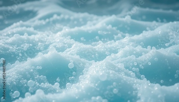 Fototapeta texture of bubbling water, thermal water flow as an abstract backdrop macro image, spa and wellness theme, soft gurgling and ripples on a white, turquoise water surface, gradient of sea color