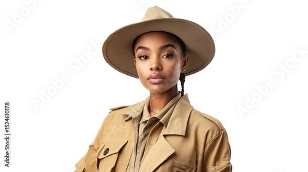 Fototapeta A young Black woman with dark braided hair, wearing a tan fedora and matching trench coat, gazes directly at the camera against a stark white background.  Her expression is serious and confident