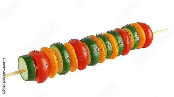 Fototapeta A vibrant skewer features alternating slices of red tomato, yellow bell pepper, and green zucchini, seasoned with dark specks, on a light wooden stick against a stark white background
