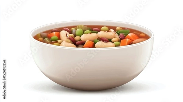 Fototapeta A creamy white bowl brimful of hearty vegetable soup, featuring various beans, peas, carrots, and other assorted vegetables in a rich broth