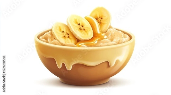 Fototapeta Creamy oatmeal in a bowl, topped with banana slices and a drizzle of honey; isolated on white background