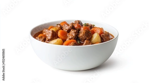 Fototapeta A white bowl brimming with hearty beef stew, featuring tender chunks of beef, carrots, and potatoes in a rich, brown gravy, garnished with a sprig of thyme